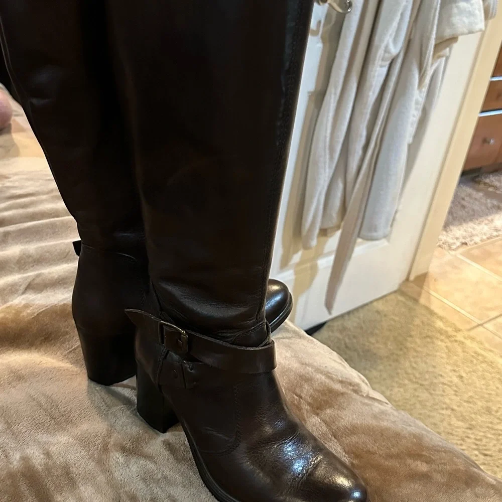 Aldo boots.  Size 7.  Dark brown leather tall 2 buckles - Picture 2 of 11